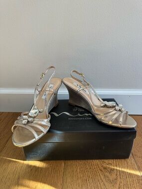 Nina Gold Metallic Crystal-Embellished Wedge Sandals